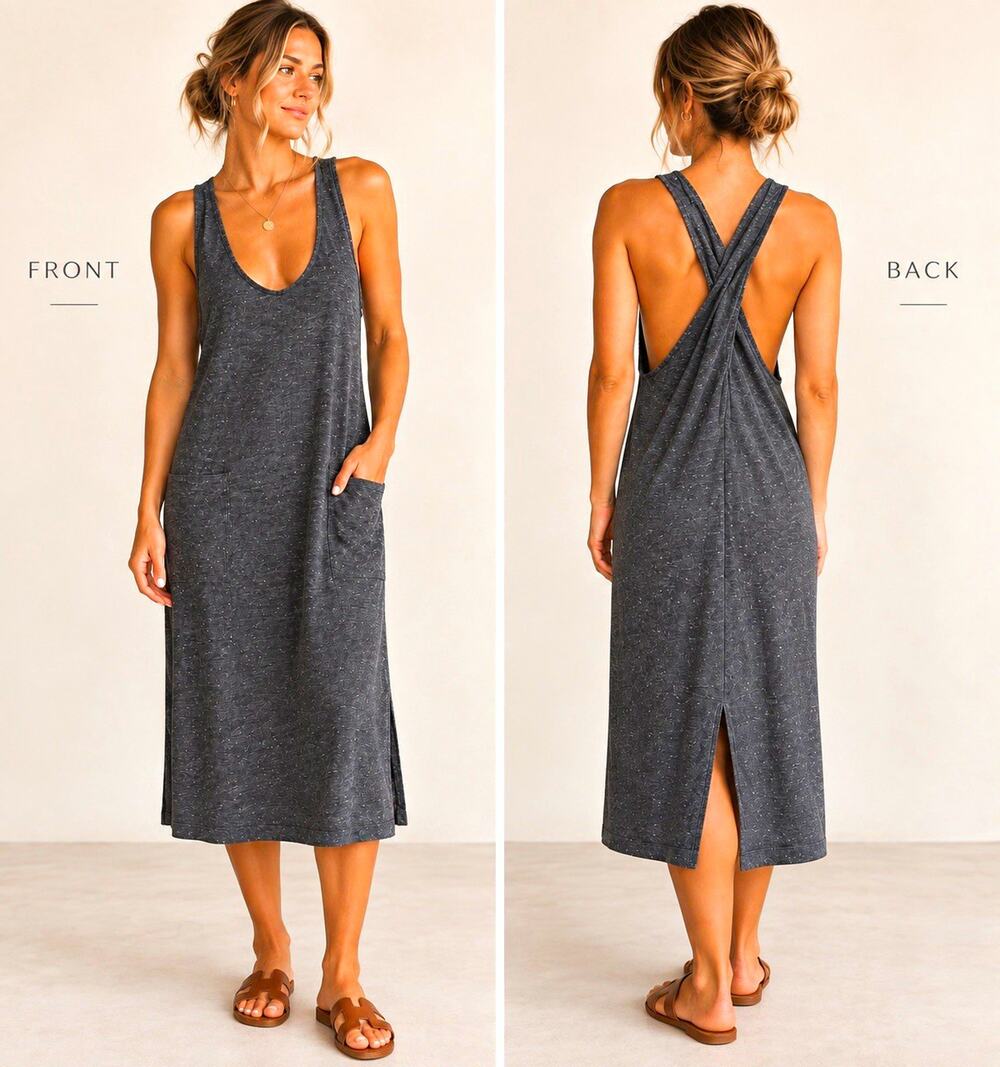 Free People FP Beach Terry Midi Dress XS Gray Cross Back Sleeveless Pockets